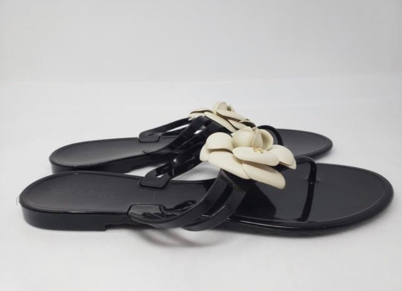 Chanel Black & Ivory Camellia Jelly Sandals - Preowned Chanel Sandals –  Love that Bag etc - Preowned Designer Fashions